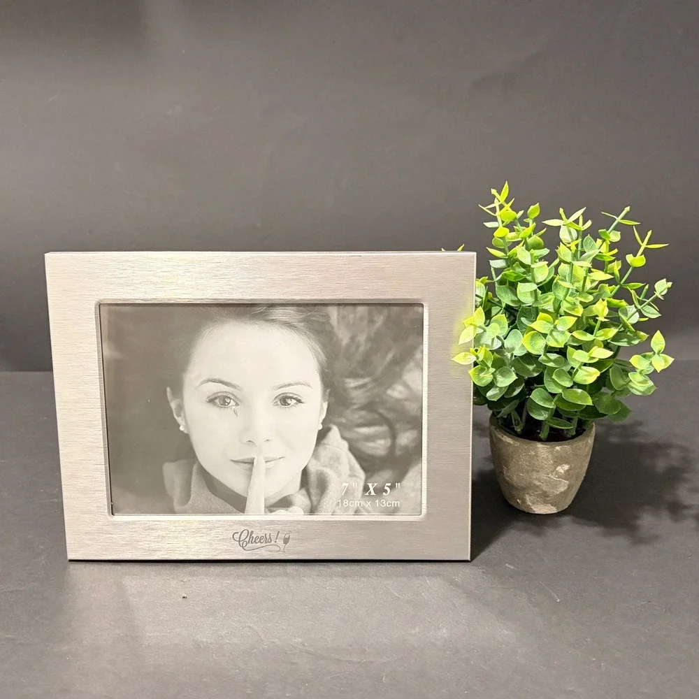 Brushed Silver Metal 5x7 Picture Frame Cheers Engraved Wine Glass Tabletop